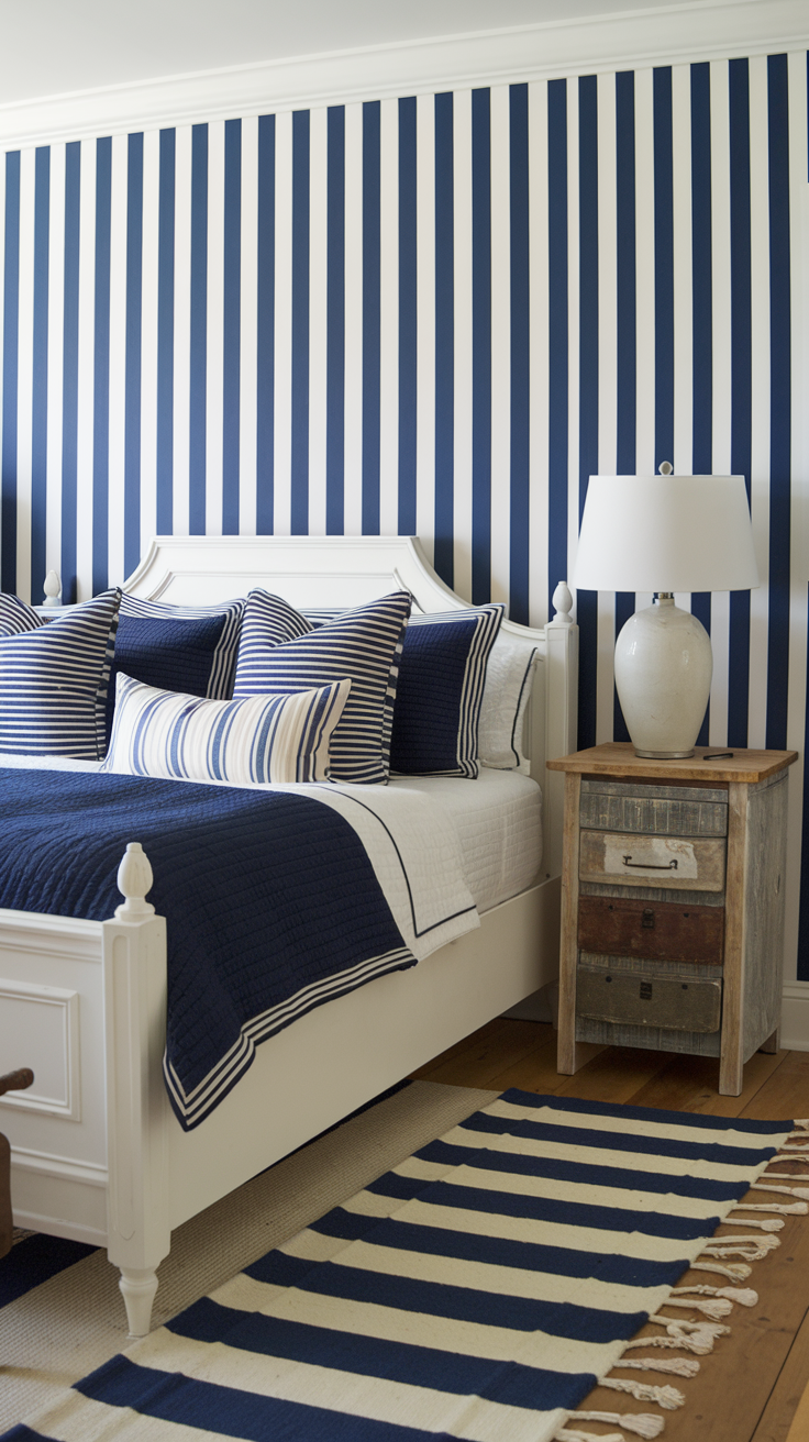 Blue and White Stripes – A classic coastal bedroom with blue and white striped wallpaper, a navy bedspread, and rustic wooden furniture.