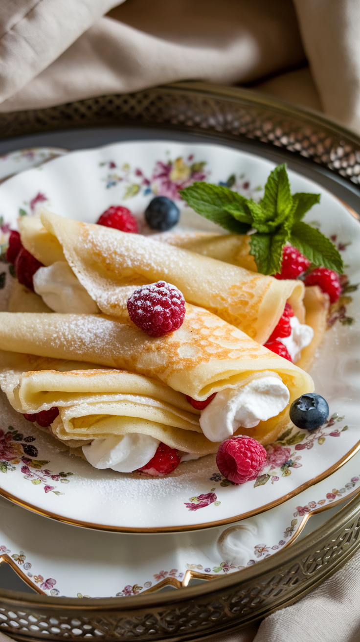 Delicate crepes filled with mascarpone cheese and seasonal fruits, dusted with confectioners' sugar.