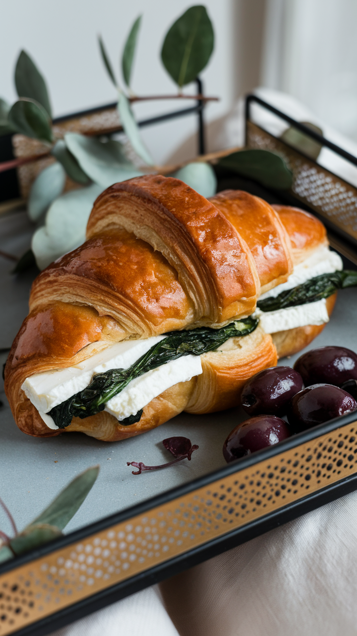 Buttery croissants filled with sautéed spinach and feta cheese, served with marinated olives.