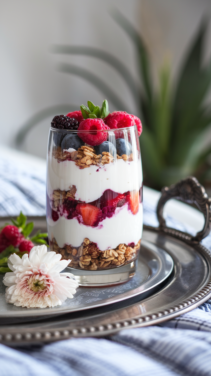 Greek yogurt layered with granola, fresh berries, honey, and edible flowers in a tall glass.