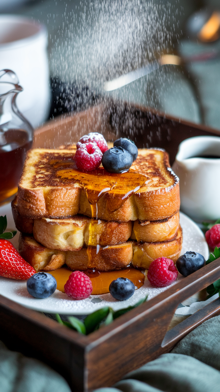 Golden-brown brioche French toast stacked high, drizzled with maple syrup, and garnished with fresh berries