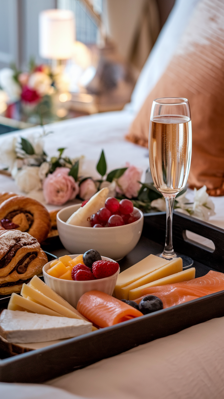 A lavish breakfast spread with pastries, smoked salmon, cheeses, fresh fruit, and a glass of champagne.