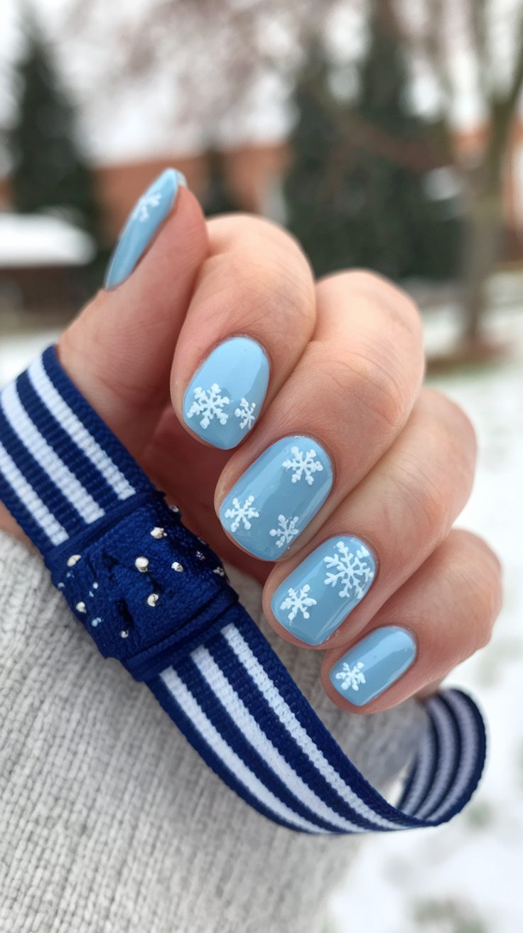 Pale blue nails with snowflake patterns