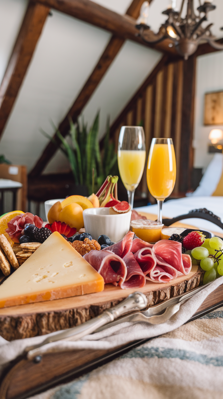 A selection of fine cheeses, cured meats, fresh fruits, nuts, and gourmet crackers on a wooden serving board