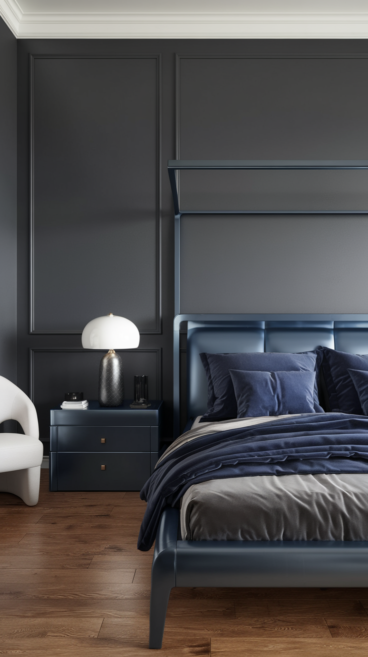 Steel Blue Accents – A contemporary bedroom with sleek steel blue nightstands, metallic blue pillows, and slate grey walls.