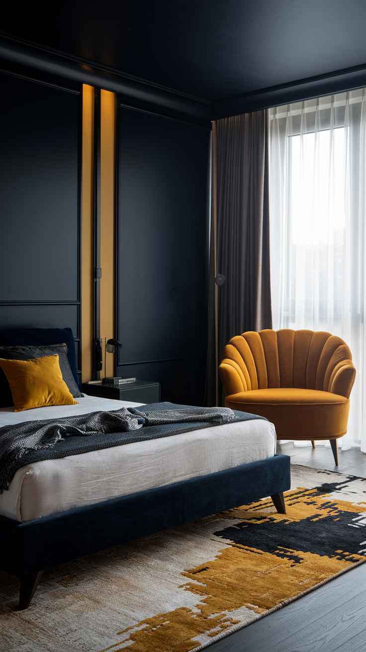 Navy and Mustard Combination – A striking bedroom with navy walls, mustard yellow pillows, a velvet mustard chair, and sheer curtains allowing in natural light.