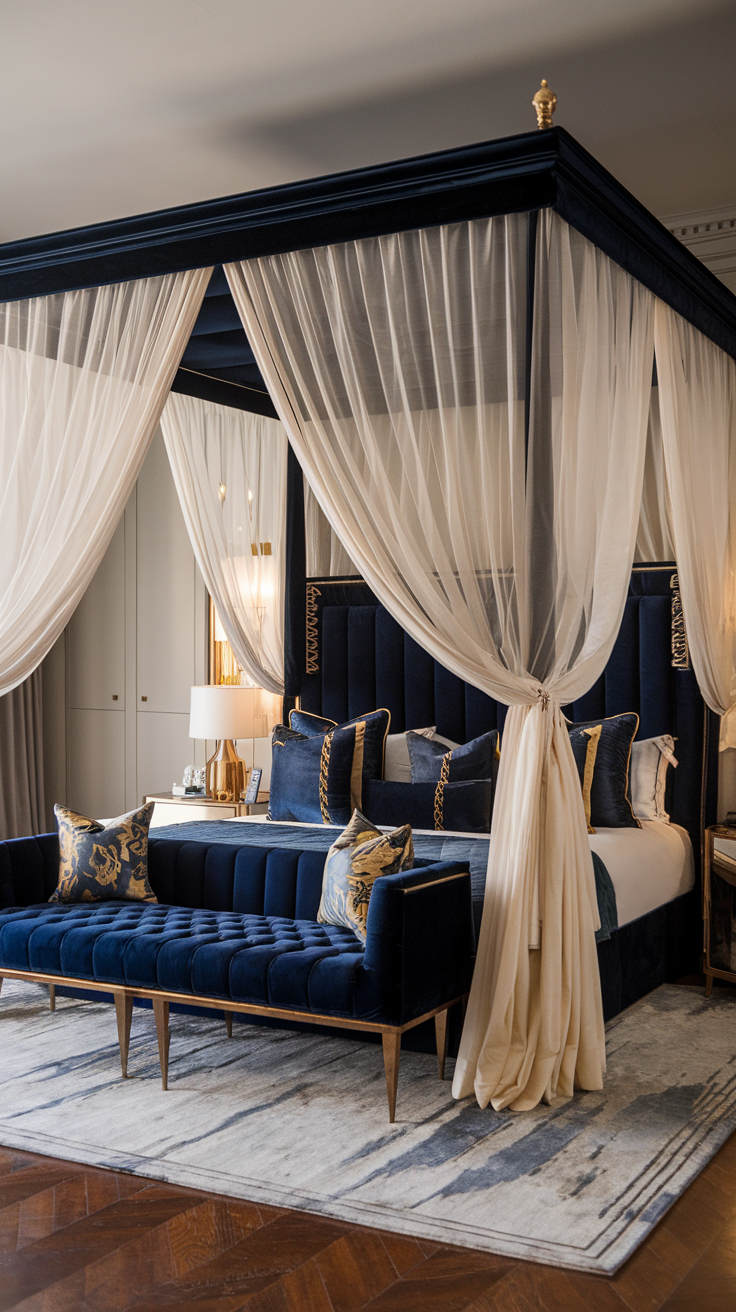 Blue Canopy Bed – A luxurious bedroom with a navy blue canopy bed draped in sheer white curtains, featuring gold bedside lamps and rich wooden flooring.