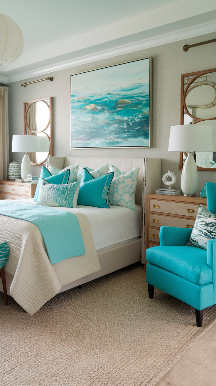 Turquoise Touches – A vibrant bedroom with neutral tones, highlighted by turquoise pillows, a statement armchair, and ocean-inspired artwork.