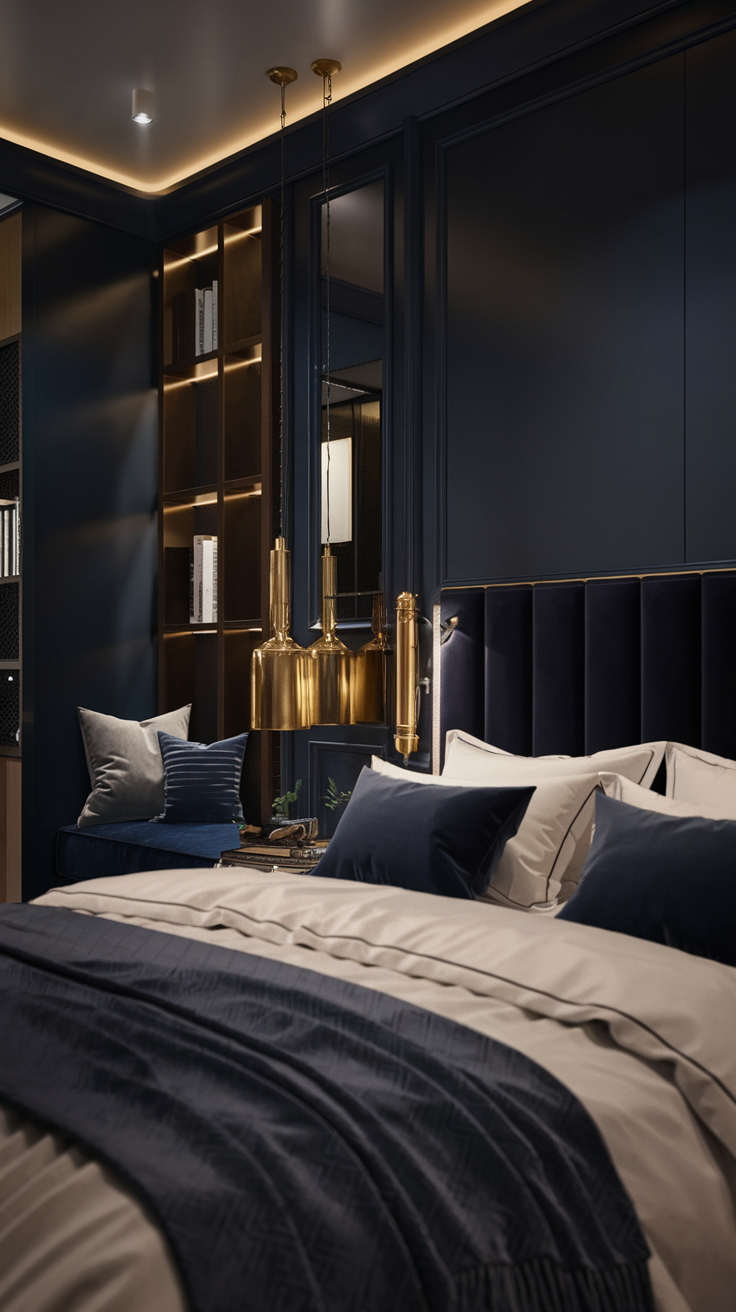 Deep Navy Elegance – A luxurious bedroom with deep navy walls, crisp white bedding, and gold-accented decor, featuring a velvet headboard and warm lighting.