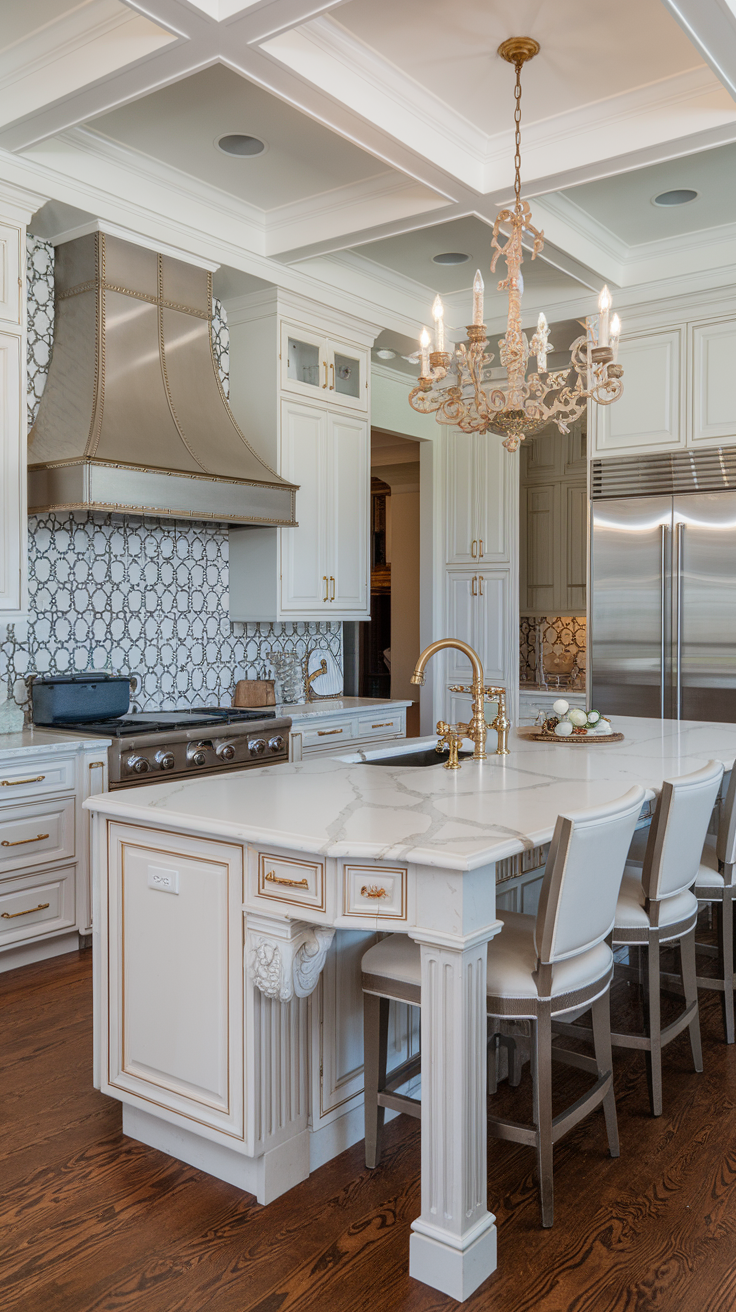 A modern luxury kitchen featuring marble countertops, elegant cabinetry, and stylish chandeliers.