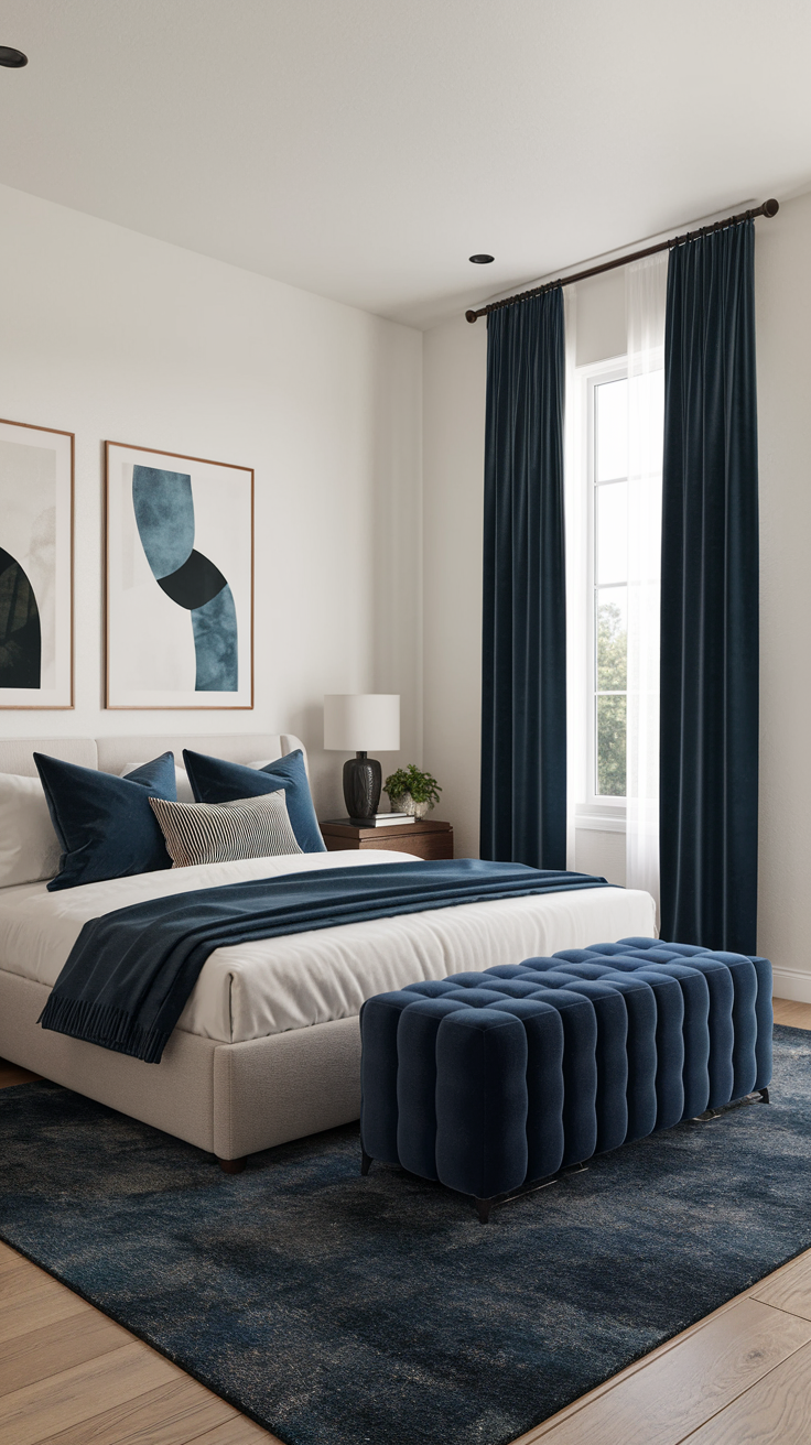 Sapphire Accents – A modern bedroom with a neutral base, enhanced by sapphire blue curtains, a velvet ottoman, and deep blue artwork.