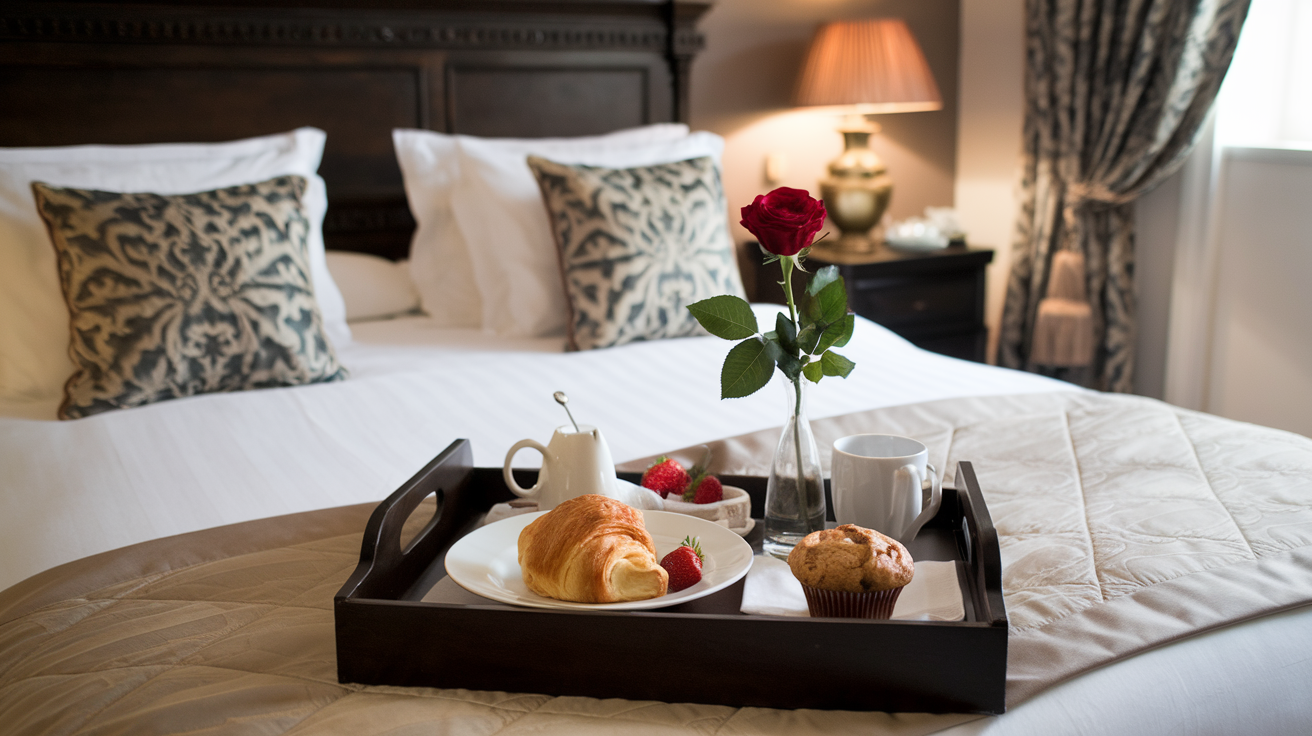 a beautiful tray of breakfast in a bedroom