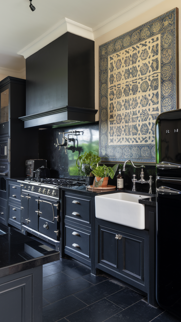 A modern black luxury kitchen featuring vintage wooden cabinets, marble countertops, and retro appliances.