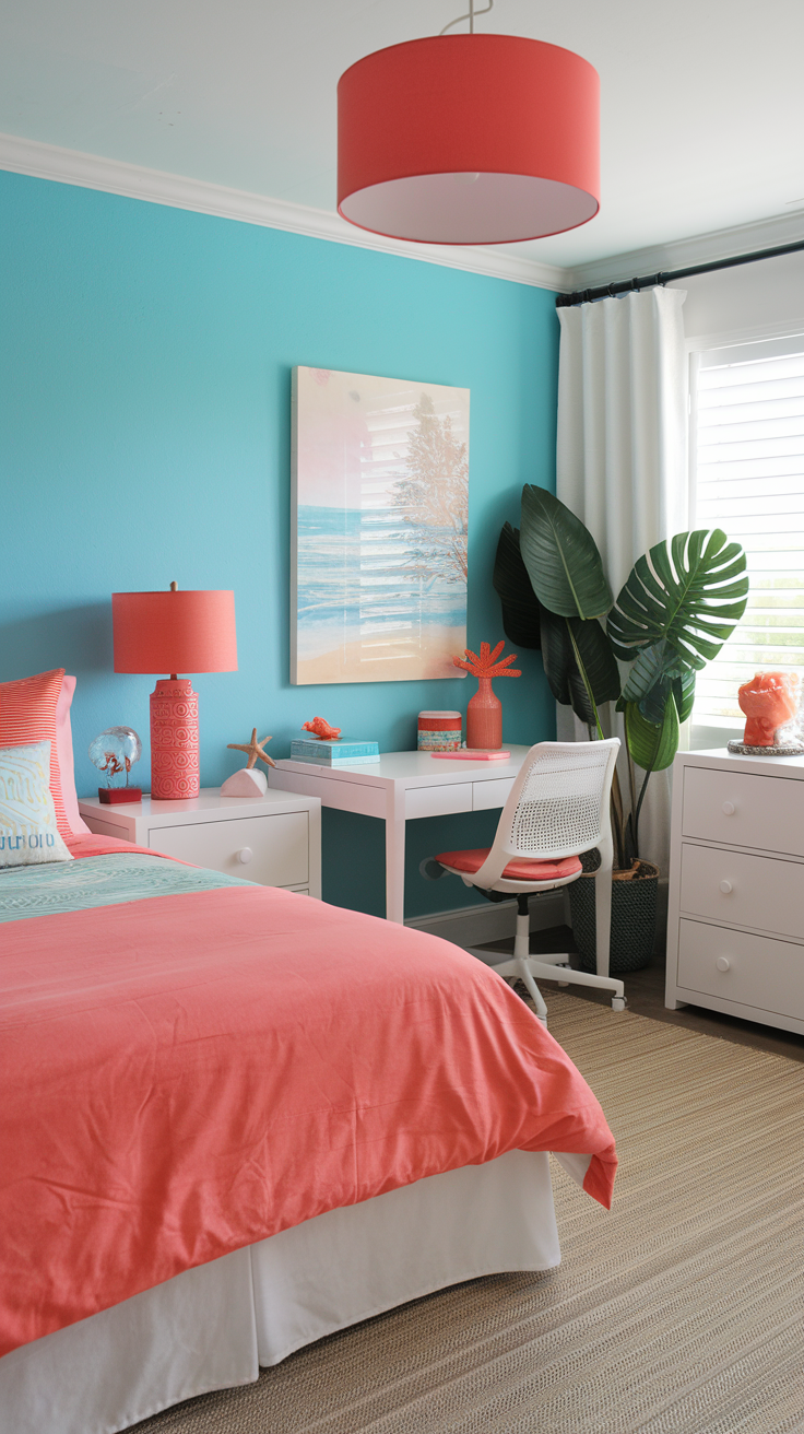 Aqua and Coral Fusion – A bright bedroom with an aqua blue accent wall, coral bedding, white furniture, and beach-inspired decor.