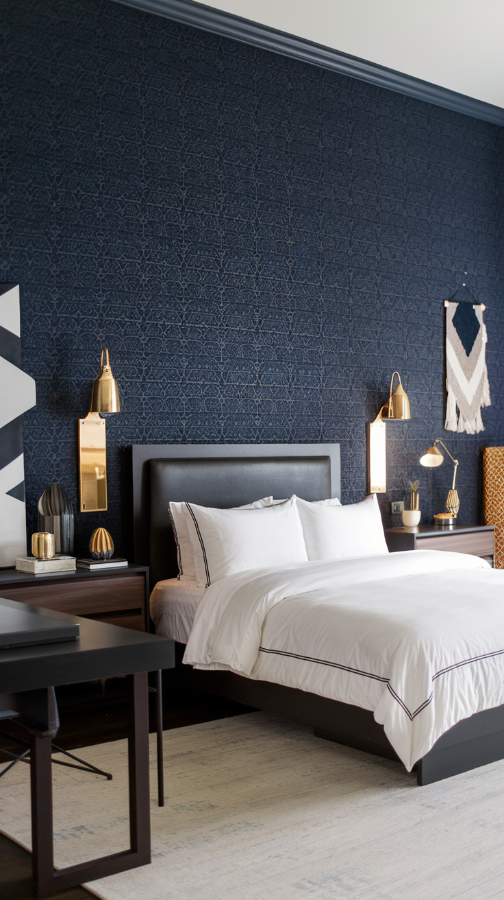 Bold Blue Wallpaper – A modern bedroom with a bold navy blue patterned wallpaper feature wall, a sleek black bed frame, and gold decor accents.