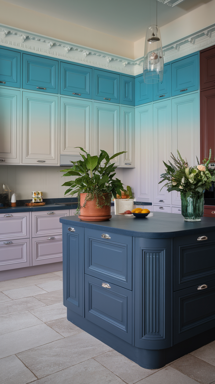 A modern kitchen with elegant color gradients on cabinets.