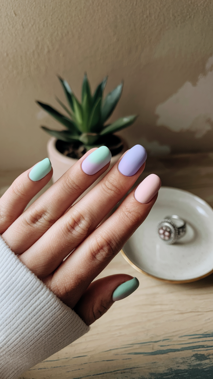 A photo of a hand with nail colors including pink, blue, yellow, green, and purple.