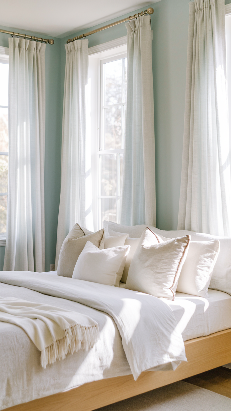 Sky Blue Serenity – A bright bedroom with soft sky blue walls, sheer white curtains, and a minimalist wooden bed, filled with natural light.