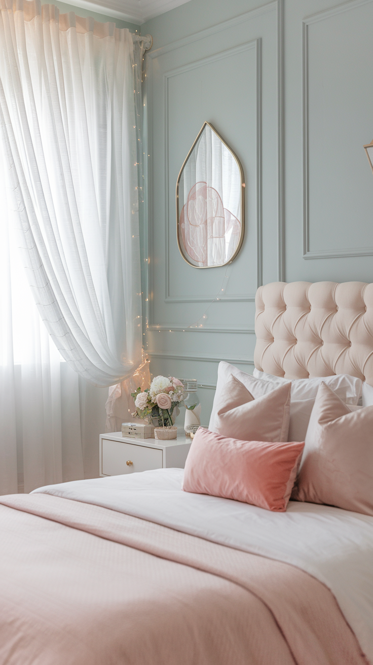 Pastel Blue Retreat – A soft and airy bedroom with pastel blue walls, white curtains, blush pink pillows, and a tufted headboard.