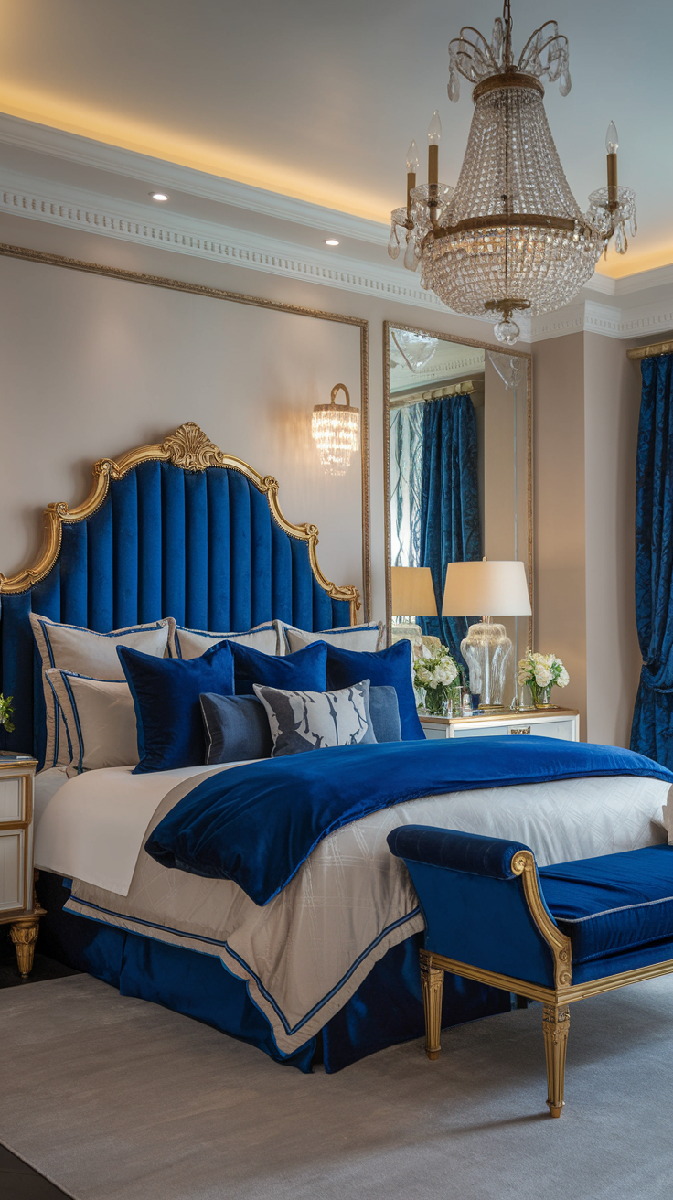 Royal Blue Glamour – A luxurious bedroom with a royal blue velvet headboard, gold decor accents, and a chandelier.