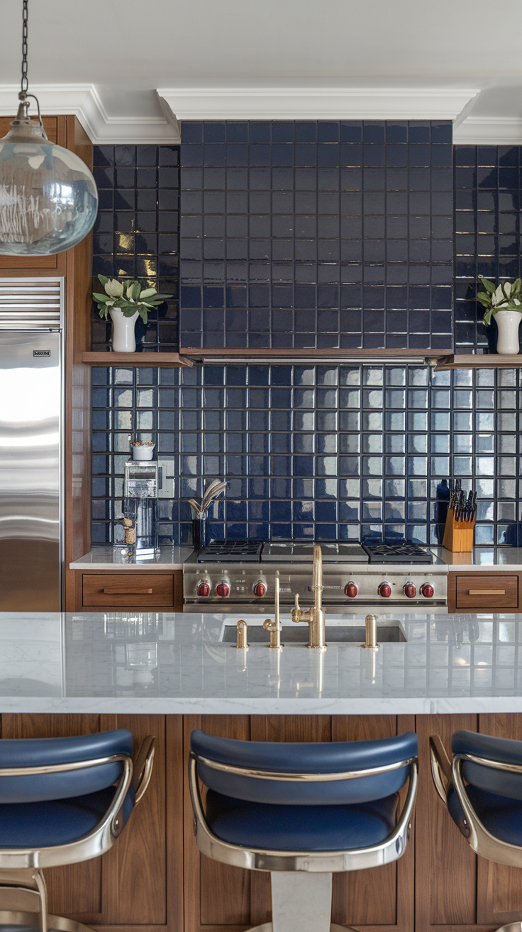 A deep navy blue tile adds richness and charm, perfectly complementing a modern luxury kitchen.