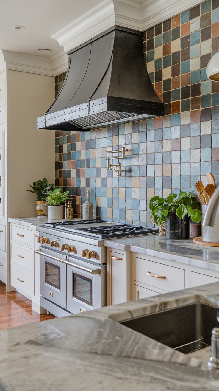 Luxury kitchen with a black range hood, multicolored tile backsplash, and a double oven.