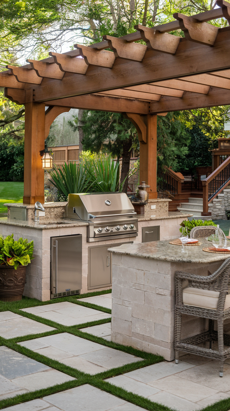 Elegant outdoor kitchen with a grill and seating area.