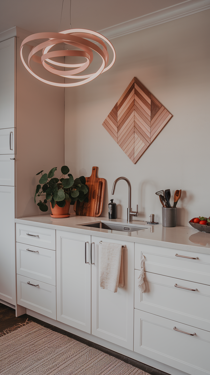 A modern kitchen featuring unique art installations including a stylish light fixture and a wooden wall art piece.