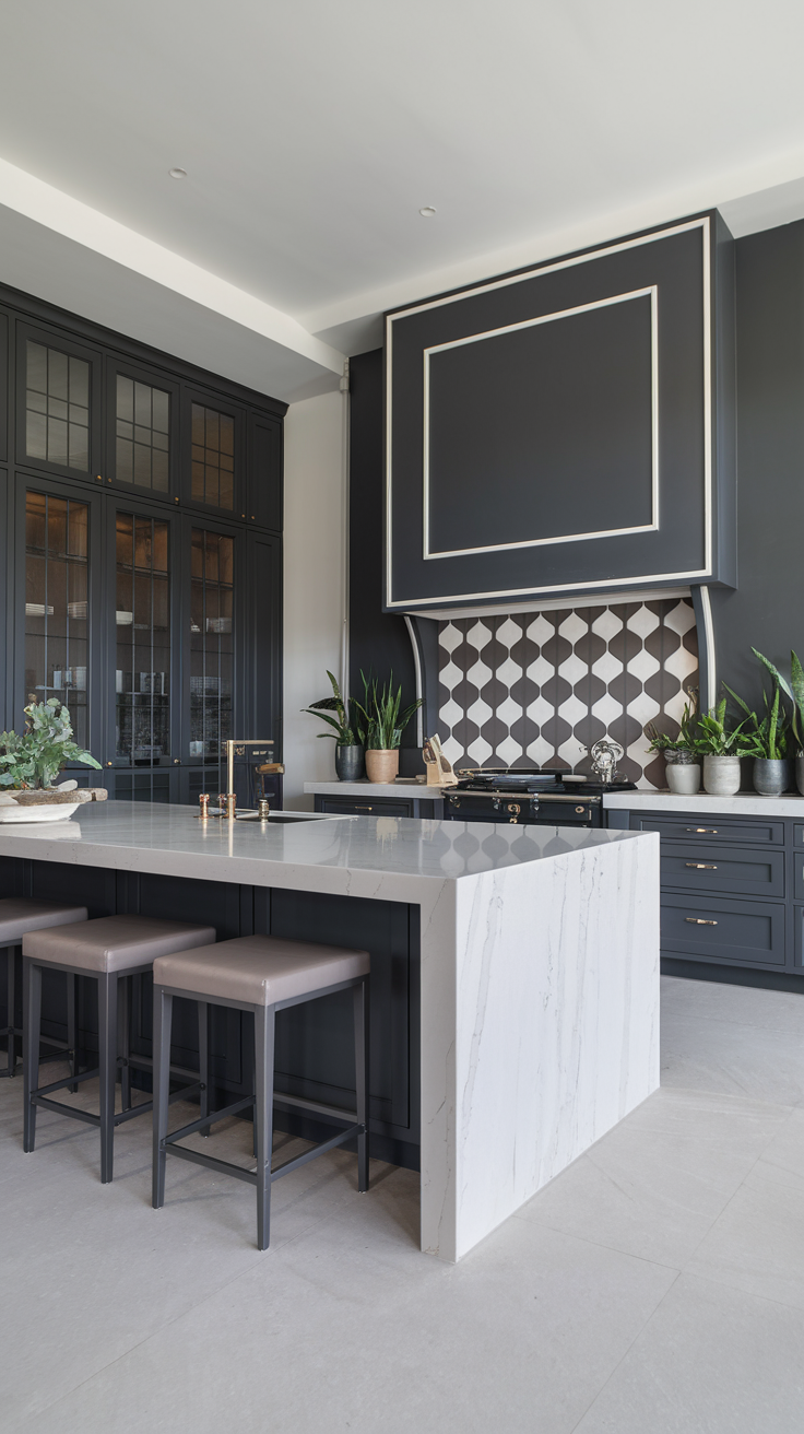 Modern luxury kitchen with dark cabinetry, a large marble island, and a geometric backsplash.