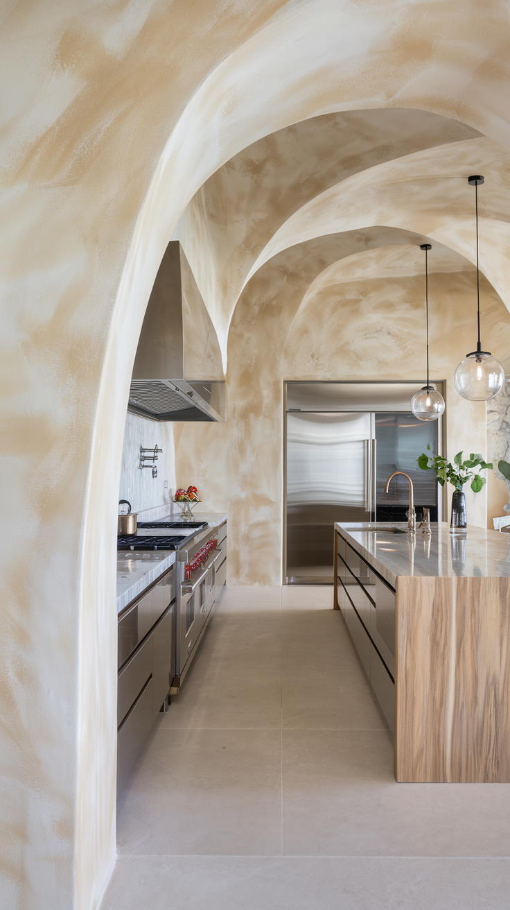 Modern kitchen featuring textured wall finishes and sleek appliances.