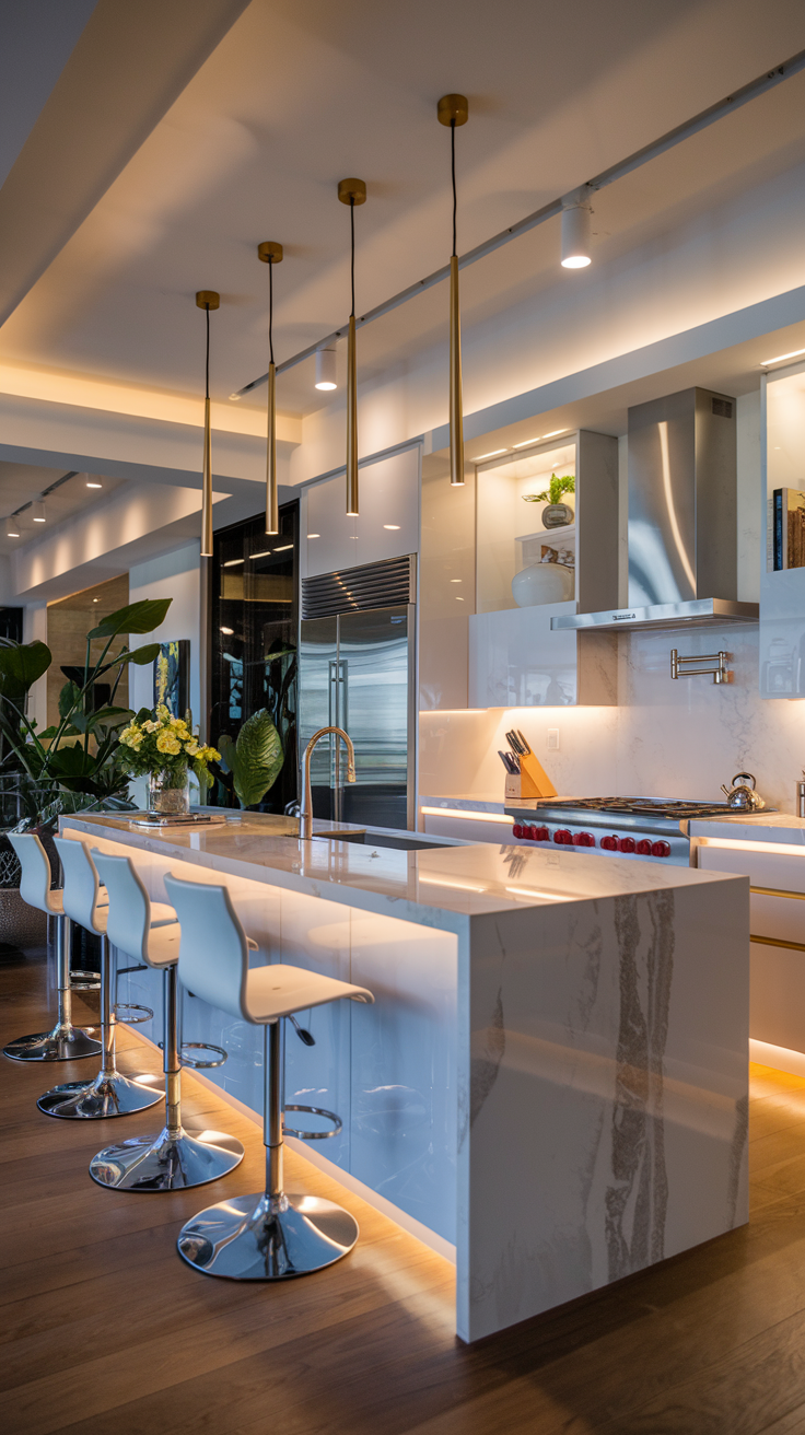 Luxury modern kitchen with sleek pendant lights or under-cabinet lighting to create a classy kitchen vibe.