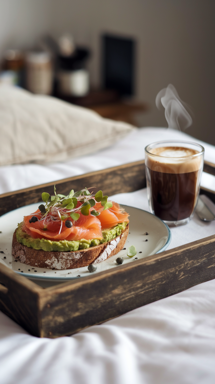 Artisanal avocado toast topped with smoked salmon, capers, and microgreens, served with a steaming cup of coffee.