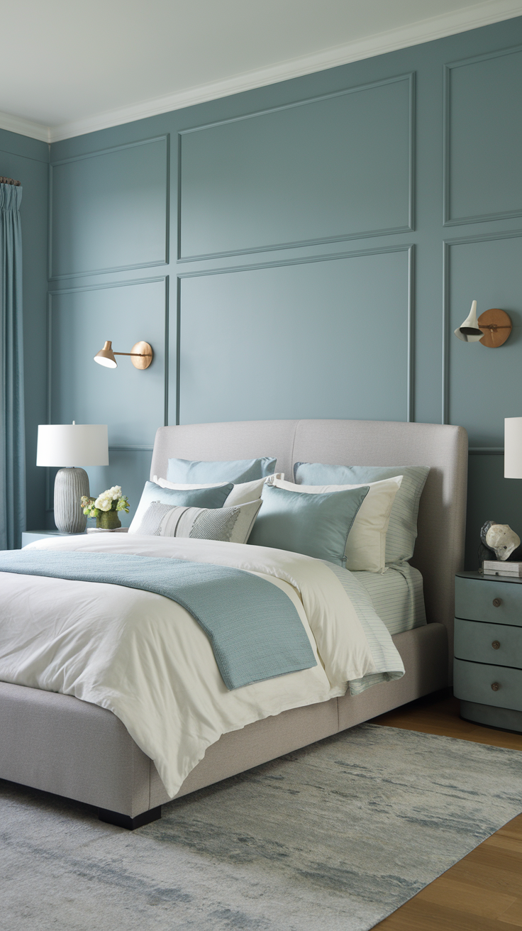 Powder Blue and Grey – A calming bedroom with powder blue walls, grey furnishings, a tufted bed, and a soft blue-grey area rug.