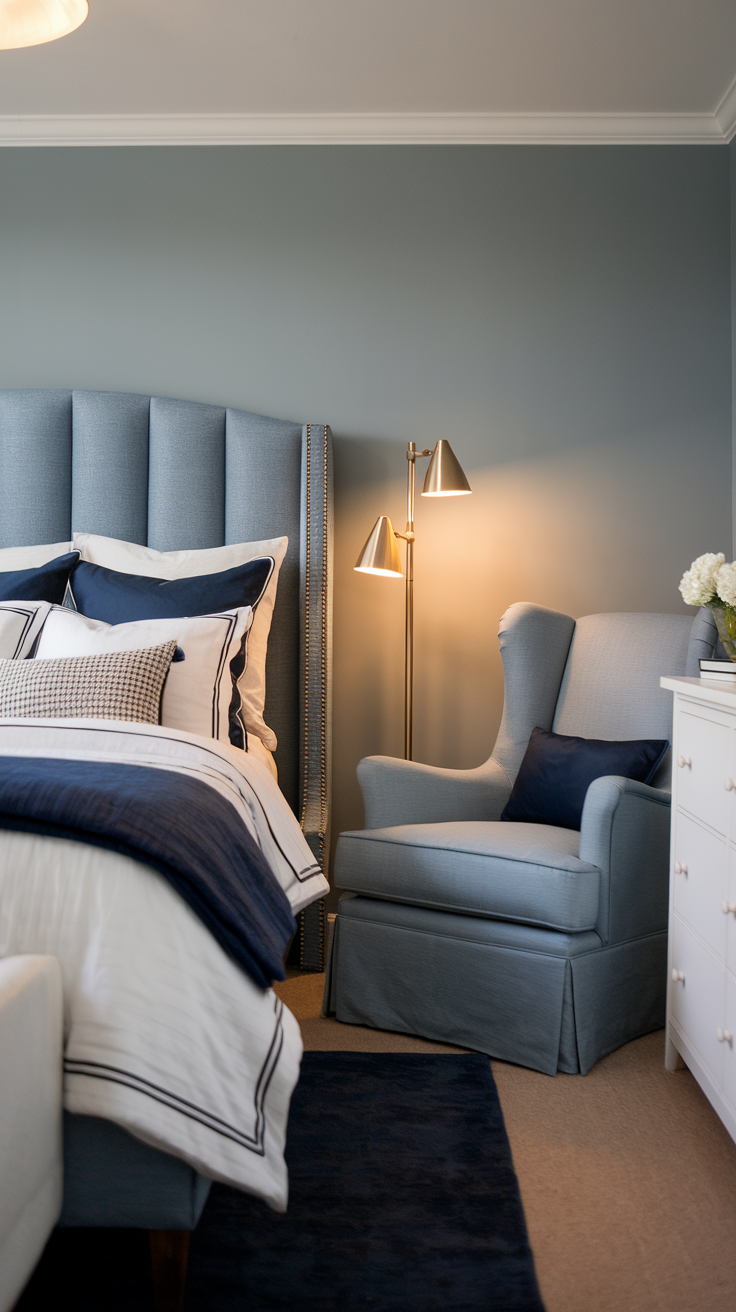 Denim Blue Upholstery – A stylish bedroom with a denim-blue upholstered headboard and matching armchair, paired with soft grey-blue walls.