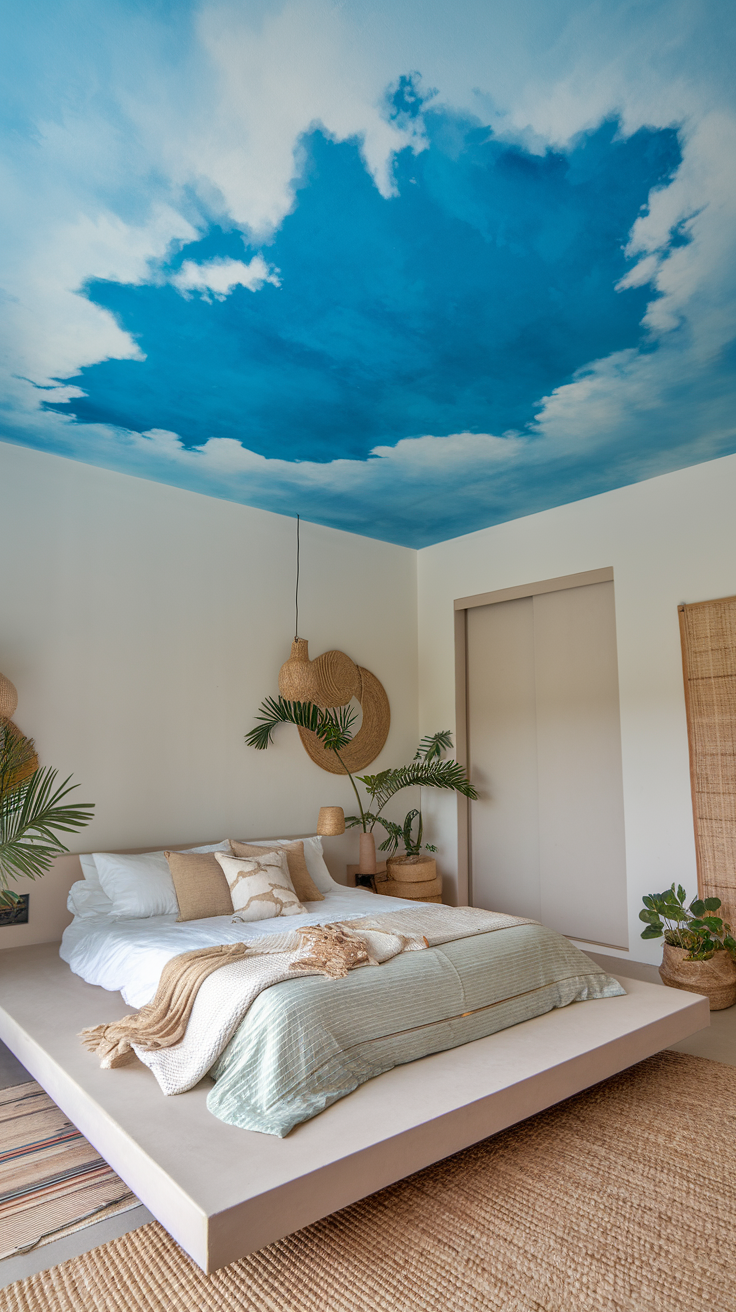 Cerulean Ceiling – A unique bedroom with a cerulean blue ceiling, white walls, light wood furniture, and airy bedding.