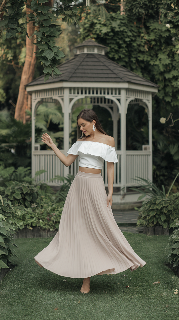 A woman wearing a flirty off-the-shoulder top and a beige A-line skirt, smiling and dancing outdoors.