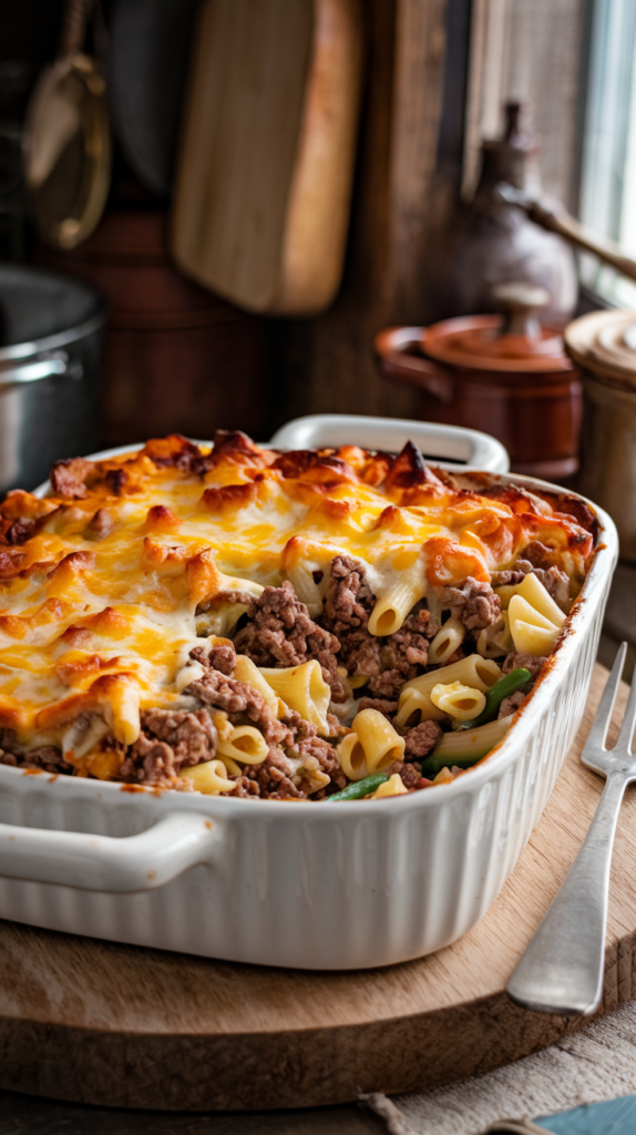 Creamy beef and cheese pasta bake