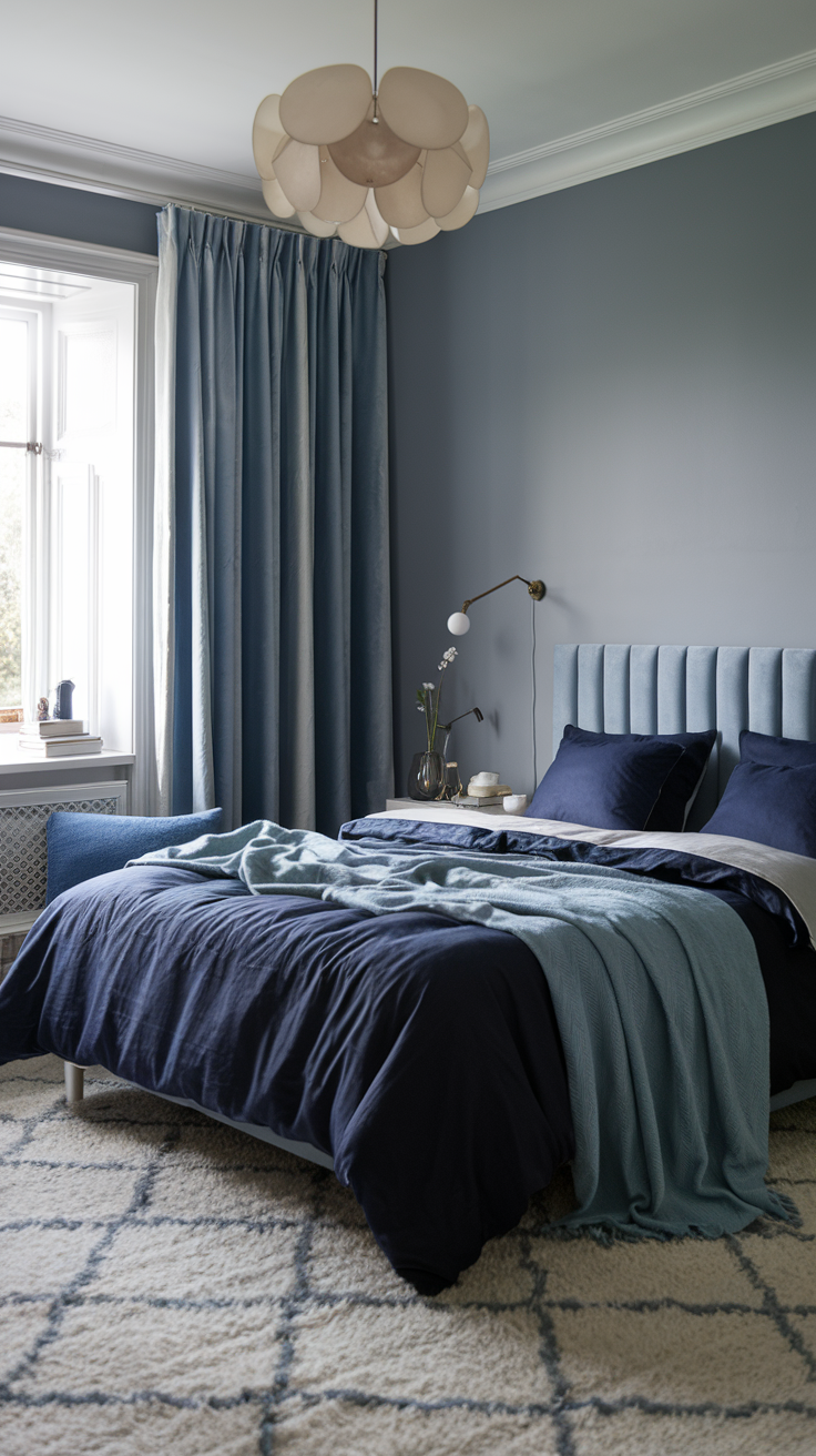 Monochromatic Blues – A cosy bedroom with layered shades of blue, from navy bedding to sky blue curtains, muted blue-grey walls, and a plush rug.