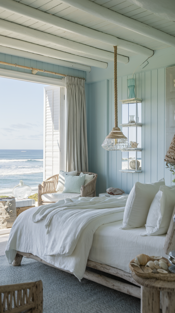 Coastal Vibes – A breezy beach-style bedroom with soft blue walls, white linen bedding, driftwood furniture, and nautical decor.