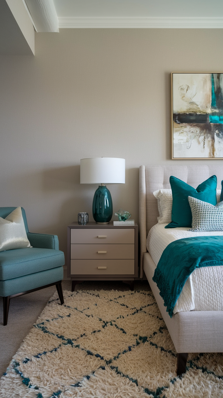 Teal Accents – A stylish bedroom with neutral grey walls, teal accent pillows, a plush area rug, and a teal-upholstered armchair.