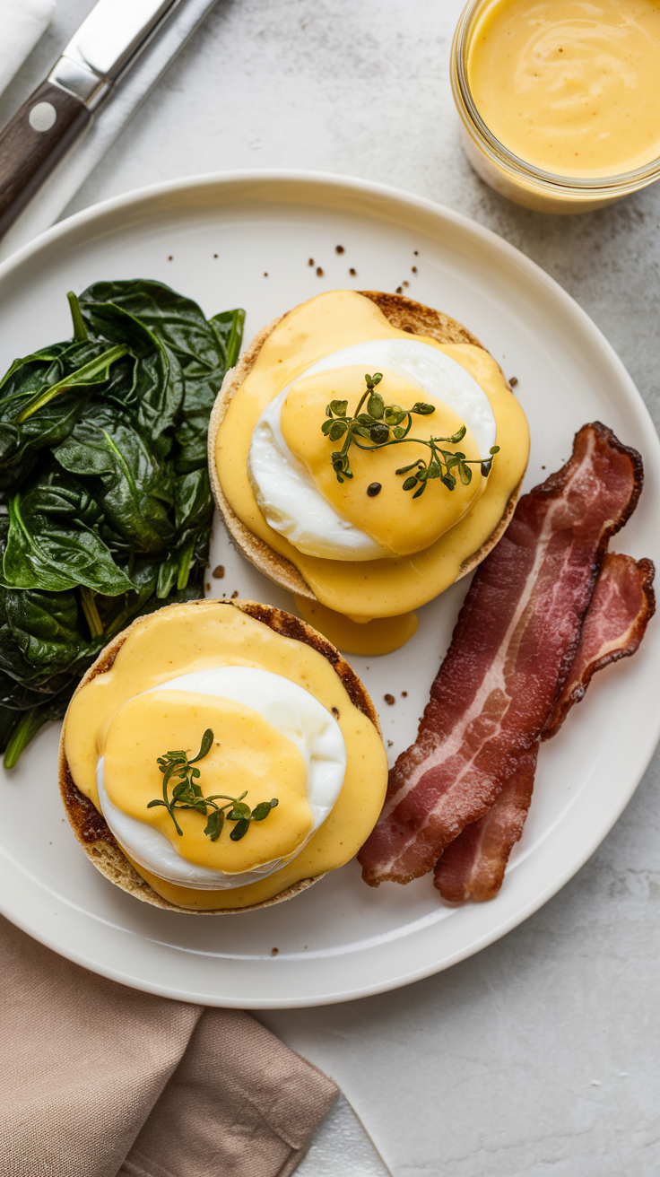 Perfectly poached eggs on toasted English muffins, topped with Canadian bacon, sautéed spinach, and hollandaise sauce.