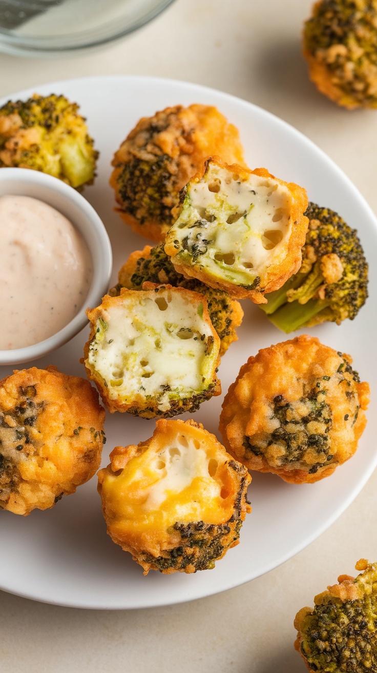 Plate of air fryer broccoli and cheese bites with a dipping sauce