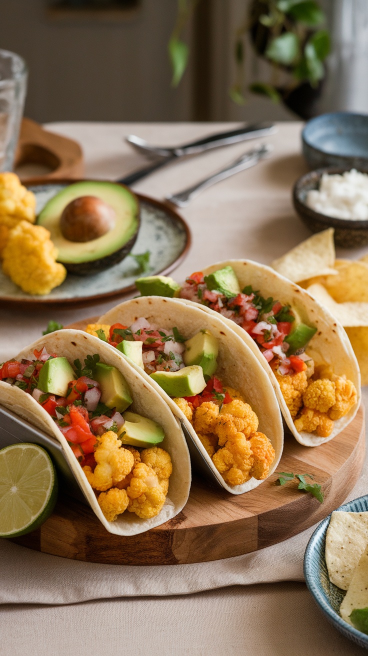 Three air fryer cauliflower tacos filled with diced tomatoes and avocado, served with lime.