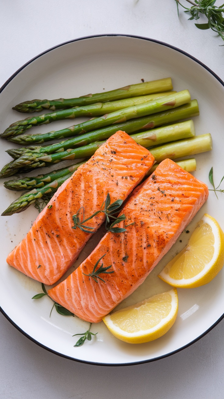 Air fryer salmon with asparagus and lemon slices on a plate.