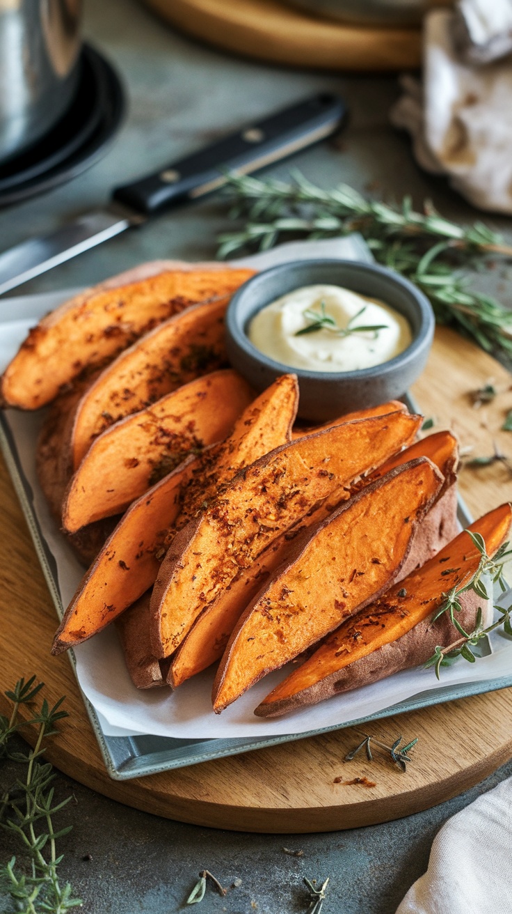 Delicious air fryer sweet potato wedges served with a creamy dip