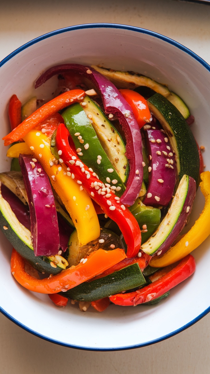 A bowl of colorful, sliced vegetables including bell peppers, zucchini, and eggplant