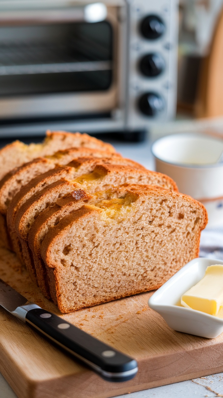 Sliced almond flour bread on a wooden cutting board with a butter dish.