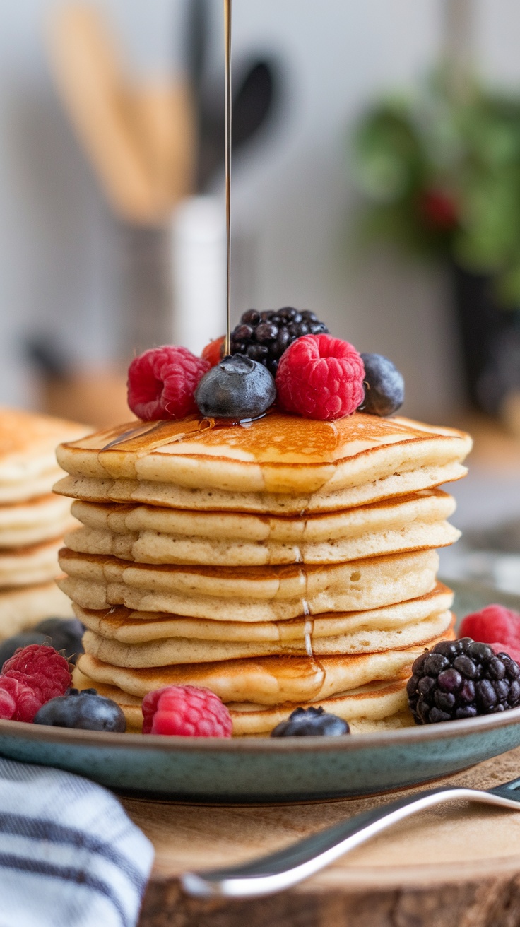 A stack of almond flour pancakes topped with berries and syrup