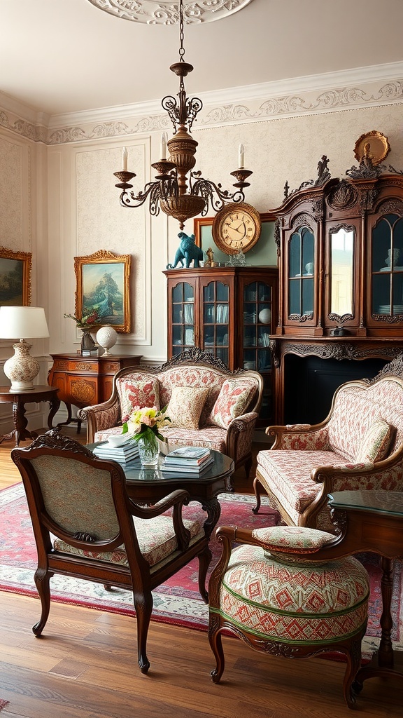 A beautifully styled Victorian living room with antique furniture and decor.