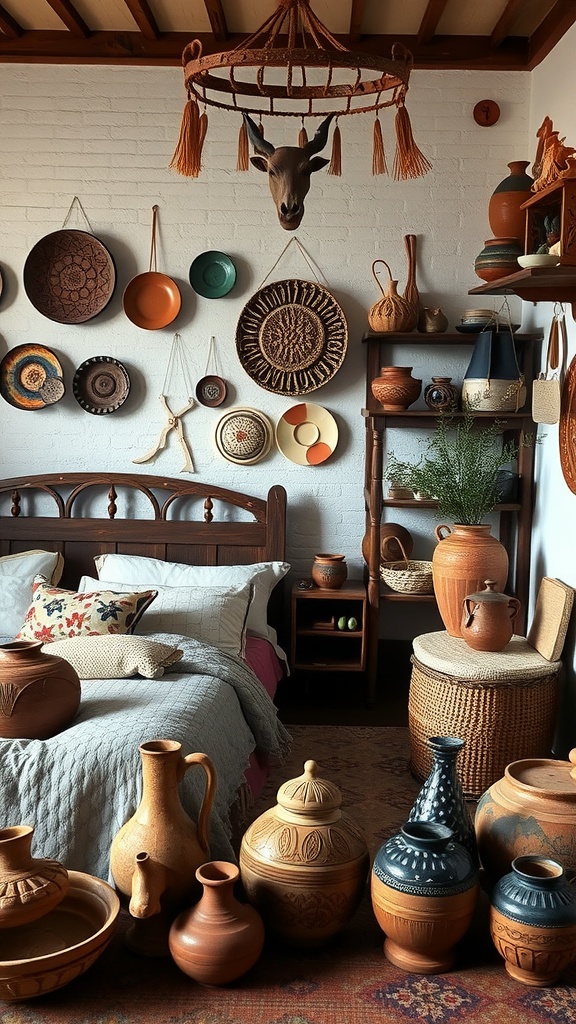 A cozy bohemian bedroom featuring various artisan pottery displayed around the room, creating a warm and inviting atmosphere.